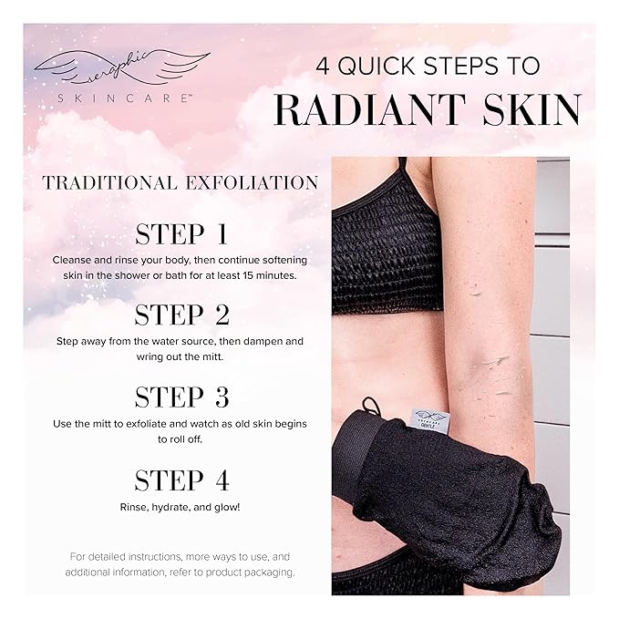 Seraphic Skincare Premium Exfoliating Glove (Gentle) – Viscose Fiber Korean Exfoliating Mitt for Sensitive Skin – Body Scrubber, Dead Skin Remover for Body & Self Tanner Removal & Application
