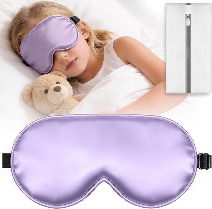 Kids Sleep Mask, Kids Eye Mask for Boys Girls, Kid Silk Eye Masks with Adjustable Strap for Sleeping, 100% Light-Blocking Sleep Eye Cover, Includes Protective Laundry Bag (Purple)