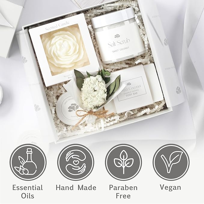 Mothers Day Spa Basket for Women – Sweet Coconut Luxury Candle & Bath Set, Handmade Self Care Birthday Box for Mom