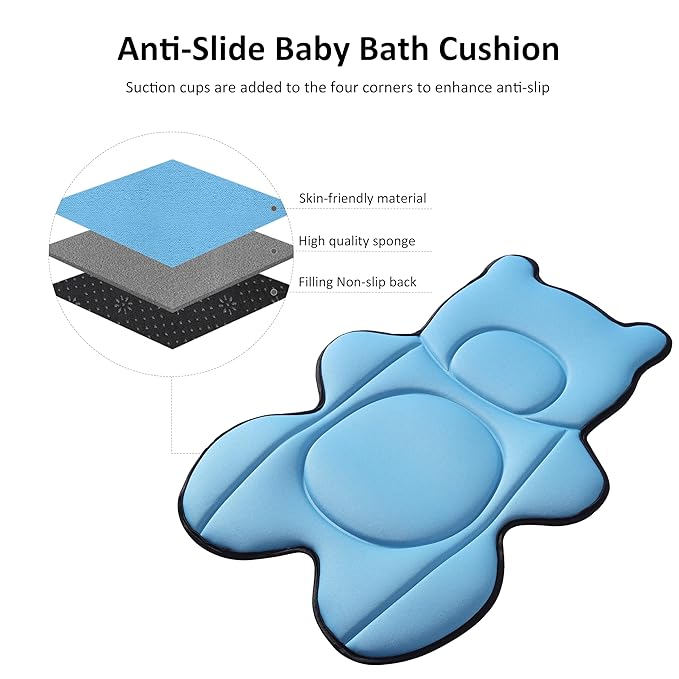 Infant Baby Bath Cushion,Fits Inside Most Baby Bathtubs, Breathable Soft Baby Bath Support Seat,Baby Bath Pad Bath Pillow for Bathtub,Newborn Bath Mat with 4 Suction Cups (Blue)