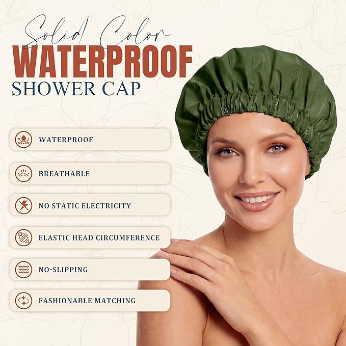 Reusable Shower Cap for Women, Large Waterproof Shower Bonnet with Elastic Band, Washable Bath Hair Cap for Long, Curly Hair, Braids, Daily Shower, Home Spa, Travel(Army Green)