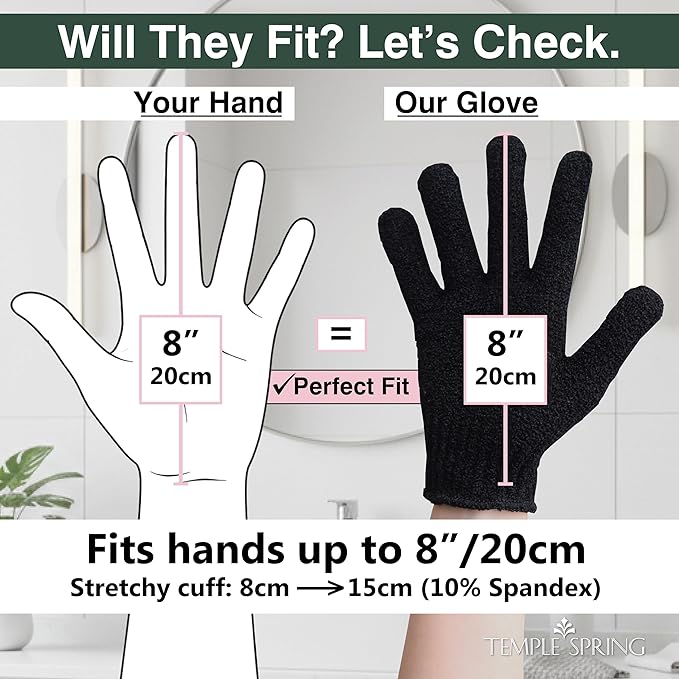 Temple Spring Shower Gloves Exfoliating for Women – Natural Textured Rayon Bamboo Exfoliating Glove with Thicker Weave for Deep Cleansing, Dead Skin Removal & Smooth Radiant Skin (1 Pair, Black)