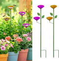 2 Pack Bee Watering Station, Metal Flower Garden Stakes with Double Bloom Trays, Colorful Bee Bath Cups for Pollinators & Butterflies, Outdoor Garden Decor Yard Decoration