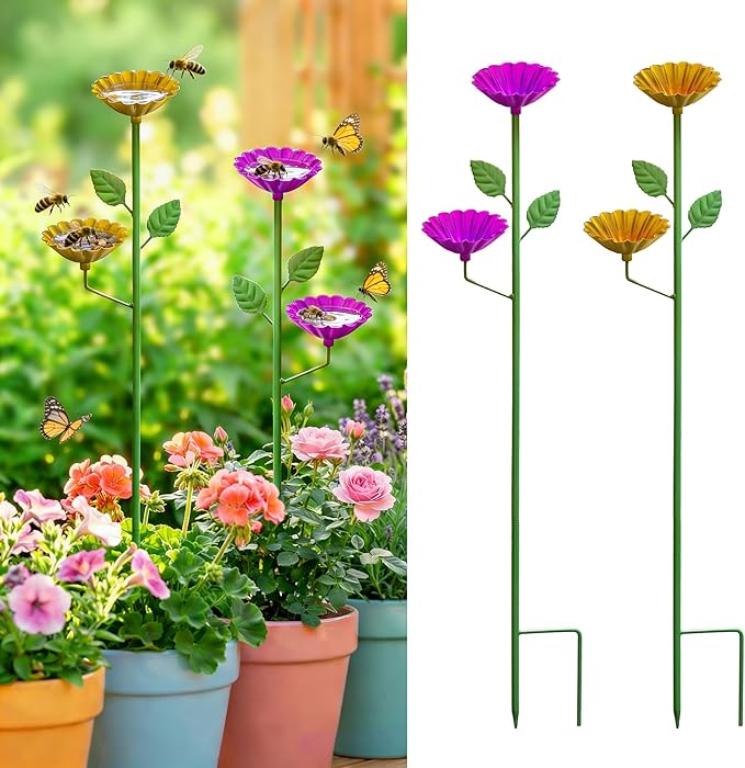 2 Pack Bee Watering Station, Metal Flower Garden Stakes with Double Bloom Trays, Colorful Bee Bath Cups for Pollinators & Butterflies, Outdoor Garden Decor Yard Decoration