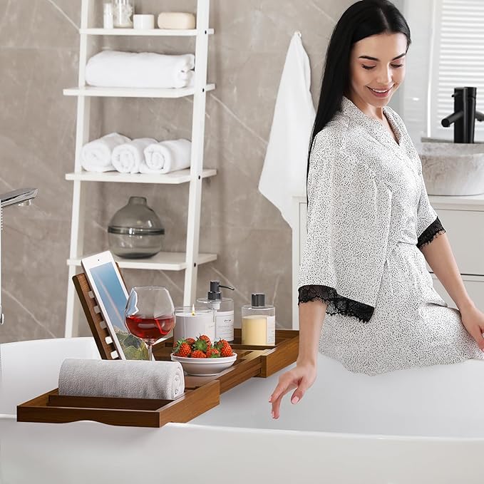 Kiasthome Teak Bathtub Caddy, Expandable Bath Tray, Non‑Slip Luxury Tub Caddy with Wine Phone Tablet Holder, Wooden Bath Accessory for Home Spa and Gift