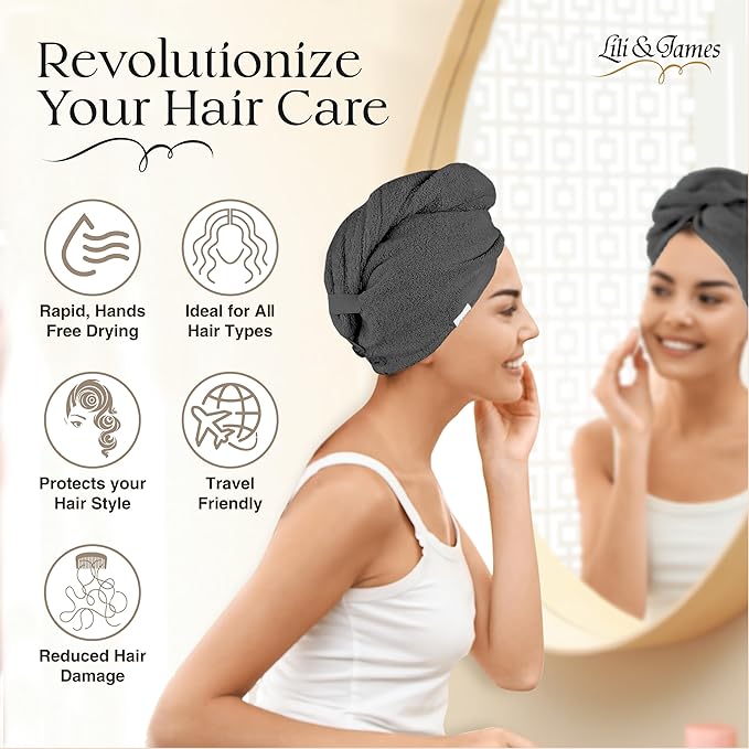 Lili&James Cotton Hair Towel Wrap for Women/Kids | Quick Dry, Soft & Absorbent 420 GSM Hair Wrap Towels with Double Button | Anti Frizz, Non Microfiber Hair Turbans for Curly, Long Hair (Grey)