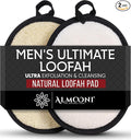 Almooni Natural Exfoliating Loofah for Men, Lightly Abrasive Egyptian Loofah Body Scrubber for Men, Dual-Sided with Cotton Back, Hand Strap, Black, 2-Count