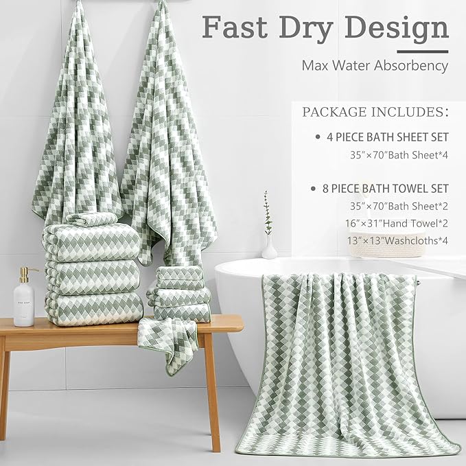 8 Piece Bathroom Towel Set Green |2 Oversized Large Bath Towels Sheet,2 Hand Towels and 4 Washcloths| 600GSM Ultra Soft Luxury Premium Towel Set Highly Absorbent Quick Dry Hotel Towel Collection