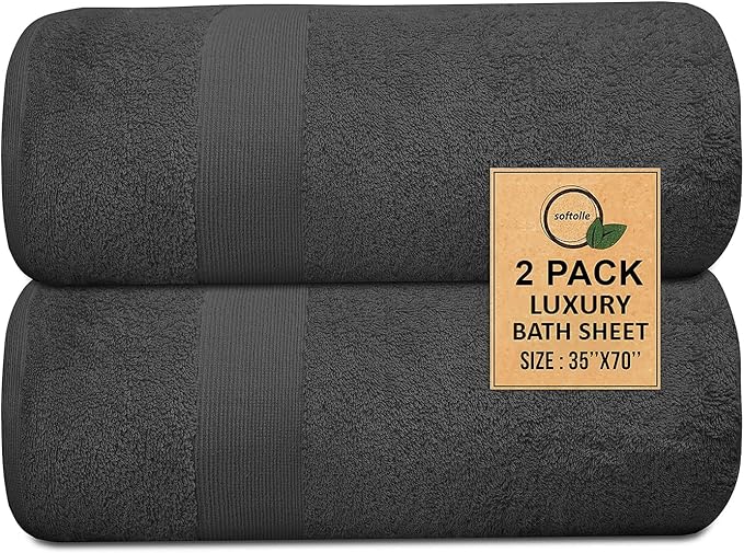 Softolle 100% Cotton Luxury Bath Sheets - Pack of 2 (35" x 70") | Super Soft, Quick-Dry & Highly Absorbent Towels for Bathroom, Home, Spa & Gym (Grey)