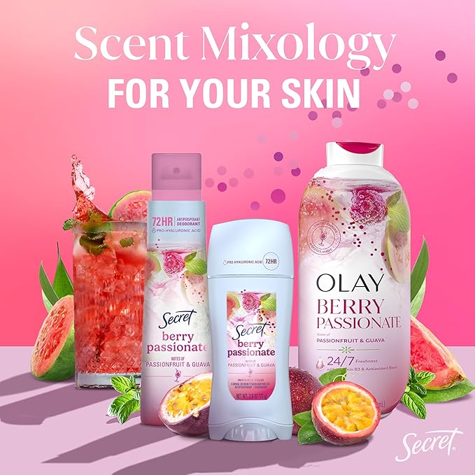 Secret Fresh Antiperspirant Deodorant for Women, 72hr Freshness on the Rocks with Pro-Hyaluronic Acid, Miami Mocktail Edition, Invisible Solid, Berry Passionate with Passionfruit & Guava Scent, 2.6 oz