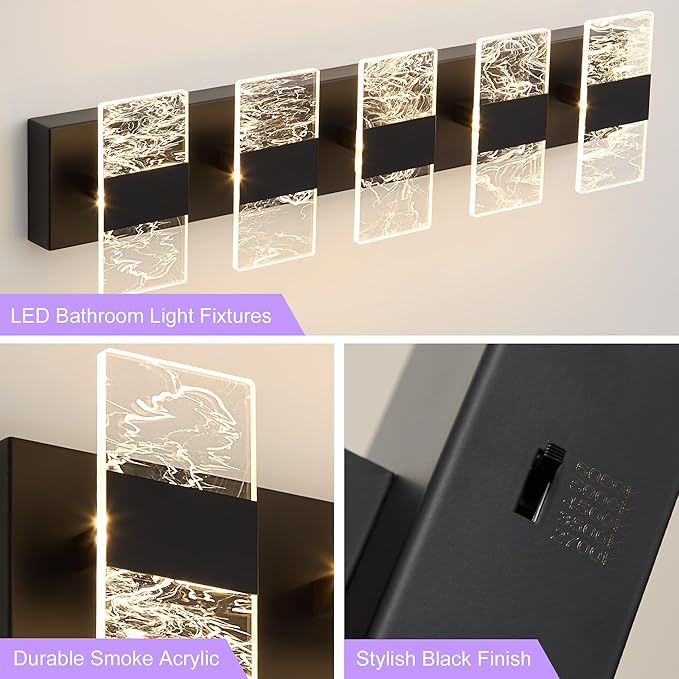 Modern LED Bathroom Light Fixtures Dimmable 5-Light Black Vanity Light,5CCT Adjustable Lighting Fixture Vanity Lights Over Mirror, Smoked Acrylic LED Vanity Lights for Bathroom