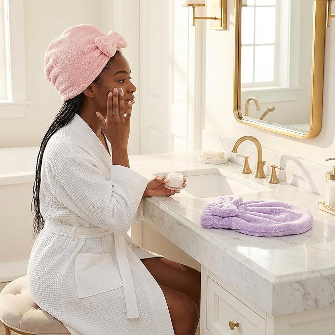 Microfiber Hair Towel Wrap for Thick Damaged Hair, Quick Drying Hair Turban with Bow, Super Absorbent Anti Frizz Hair Cap for Curly Frizzy Hair, Lightweight Towel for Women After Shower (Pink+Purple)