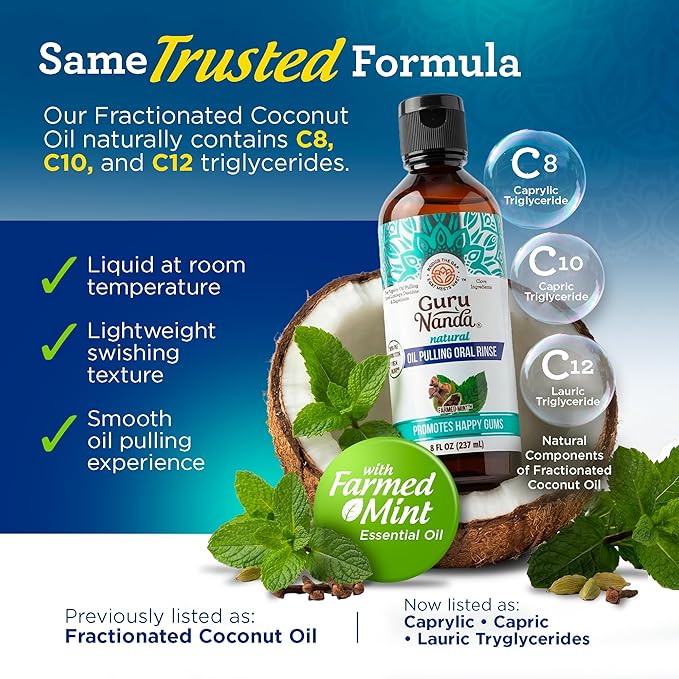 GuruNanda CocoMint Oil Pulling Mouthwash for Complete Oral Hygiene, 7 Essential Oils & Vitamins for Happy Teeth & Gums & Fresh Breath, with Toothbrush & Tongue Scraper, Alcohol-Free, 8 oz