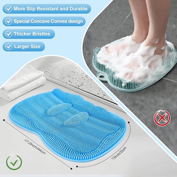 Bath Shower Foot Scrubber Mat - Silicone Shower Foot Scrubber Mat (XL) Cleaner Foot Toes Clean Pad Without Bending Non-Slip Suction Cups Bathroom mat 17.2 * 13 inch - Blue