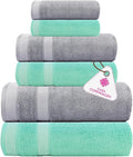 CASA COPENHAGEN Solitaire 6Pcs 100% Egyptian Cotton Large Designer Towels Gift Set- Grey-Aqua Blue, 600GSM, 2Bath 2Hand 2Washcloths, Bath Towels for Bathroom Set for Women & Men