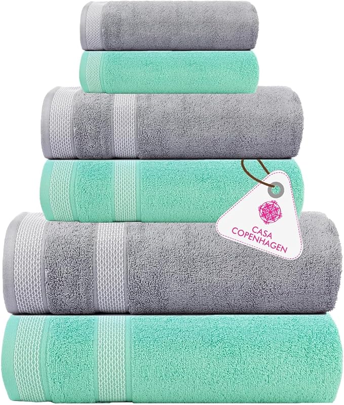 CASA COPENHAGEN Solitaire 6Pcs 100% Egyptian Cotton Large Designer Towels Gift Set- Grey-Aqua Blue, 600GSM, 2Bath 2Hand 2Washcloths, Bath Towels for Bathroom Set for Women & Men