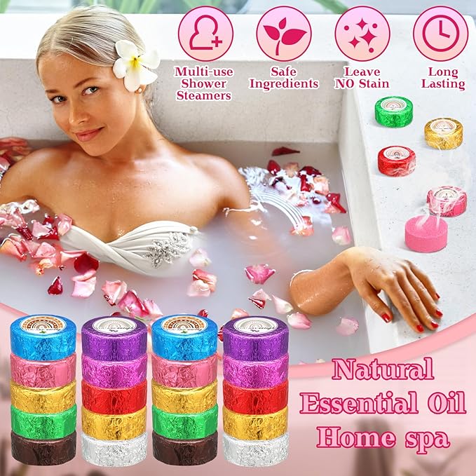 50 Pcs Valentine Spa Party Gifts Shower Aromatherapy Steamers Bulk with 10 Scents Team Appreciation Inspirational Gifts Bulk Boho Rainbow Individually Wrapped Shower Bombs for Women