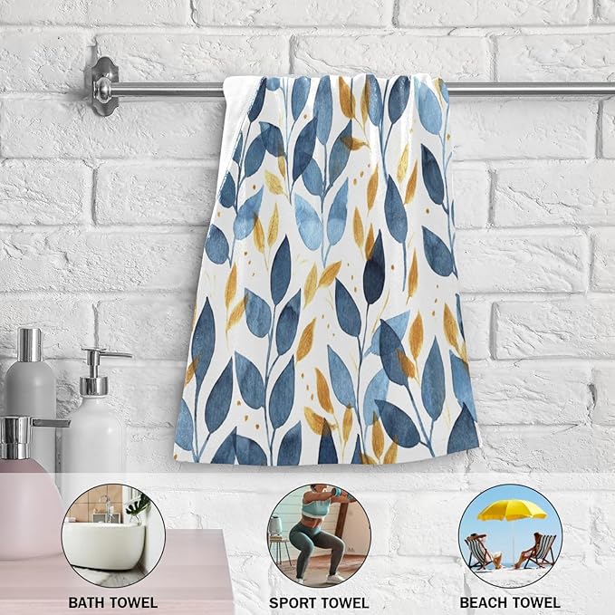 Blue and Gold Leave Branches Hand Towels for Bathroom Set of 2,Watercolor Navy Golden Leaf Decorative Bathroom Towels for Bath,Face,Hair,Soft Absorbent Dish Towels for Kitchen Decor 28"x14"
