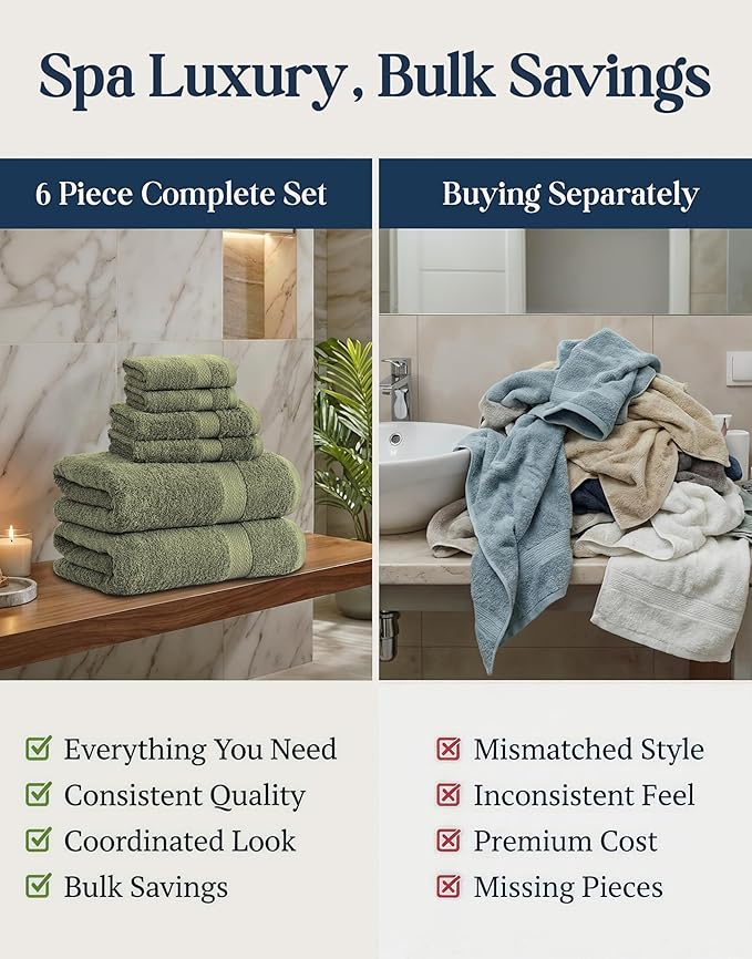 LANE LINEN Luxury Cotton Bath Towel Pack of 6 - Softer, Highly Absorbent & Durable - 2 Bath, 2 Wash cloths, 2 Hand Towels for Bathroom - Premium Look, Spa Quality, Solid Dyed Towels - Oil Green