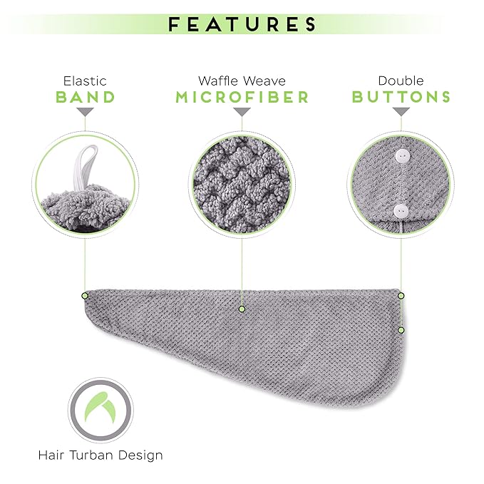 SimpleField 2 Pack Microfiber Hair Towel Wrap for Women, Anti Frizz Quick Drying Hair Turban for All Hair Style, Absorbent and Lightweight (Grey)