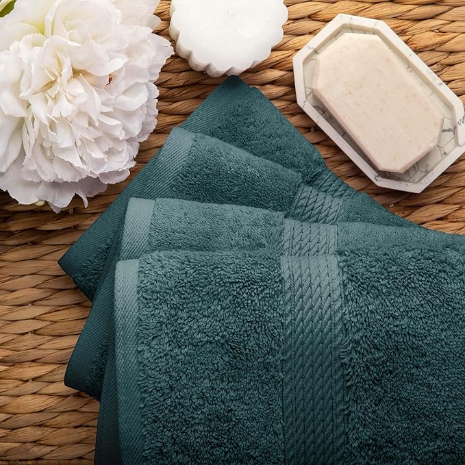 Superior Egyptian Cotton Pile Hand Towel Set of 4, Ultra Soft Luxury Towels, Thick Plush Essentials, Absorbent Heavyweight, Guest Bath, Hotel, Spa, Home Bathroom, Shower Basics, Teal