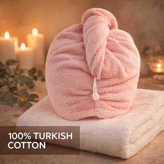 100% Turkish Cotton Hair Towel Wrap 2 Pack – Oeko-TEX Certified Quick Dry Turban for Wet Hair – Soft, Absorbent, Gentle on Curly & Long Hair – 10x26 Inch
