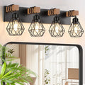 FadimiKoo 4-Light Farmhouse Bathroom Light Fixtures Over Mirror, Rustic Wood Vanity Light with Black Metal Cage Lampshade, Rustic Sconces Wall Lighting for Living Room, Bedroom, Hallway