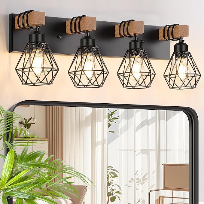 FadimiKoo 4-Light Farmhouse Bathroom Light Fixtures Over Mirror, Rustic Wood Vanity Light with Black Metal Cage Lampshade, Rustic Sconces Wall Lighting for Living Room, Bedroom, Hallway