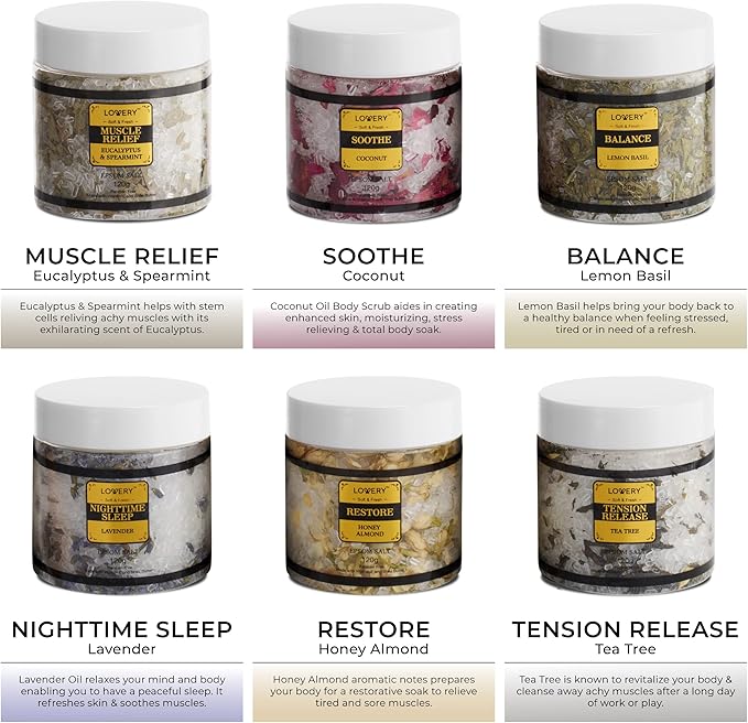 Mothers Day Gifts for Mom, Epsom Bath Salts Gift Basket Set, Self Care Salt with Essential Oil, Gifts for Women, Her, Mother, Lavender, Eucalyptus, Lemon, Coconut, Tea Tree, Honey Almond