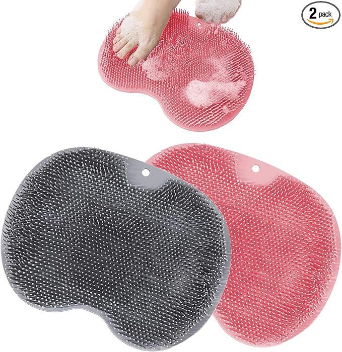 Shower Foot Scrubber, Wall Mounted Bath Massage Pad, Back Scrubber Back with Non Slip Suction Cups to Improve Circulation, Soothe Achy Feet (Grey+Pink)