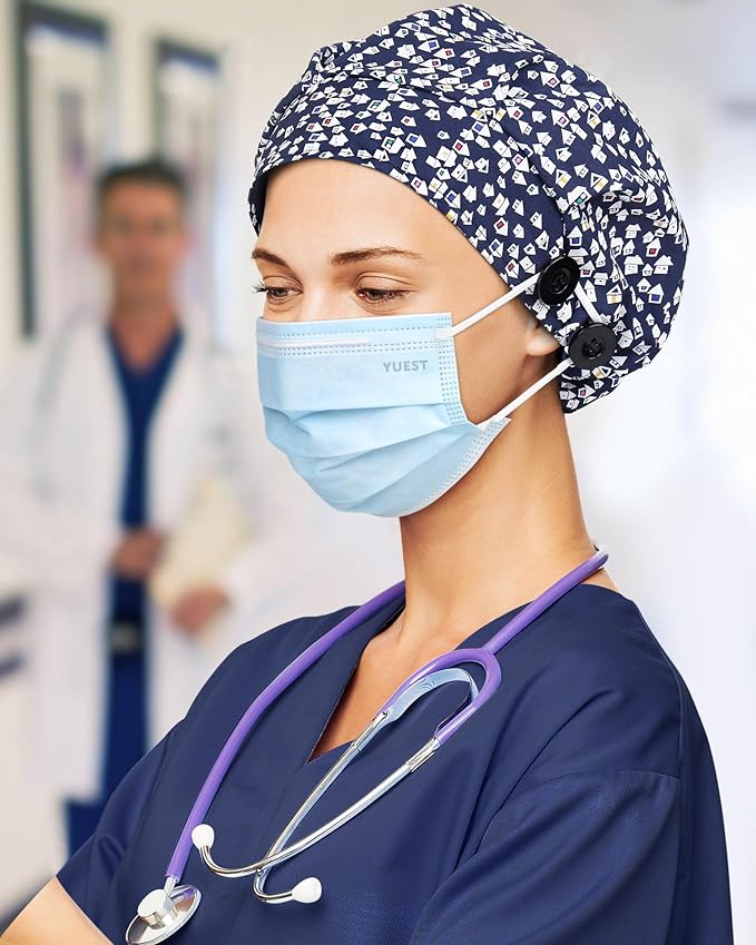 2 Pack Satin Lined Bouffant Scrub Caps with Buttons, Adjustable Scrub Caps for Women Men