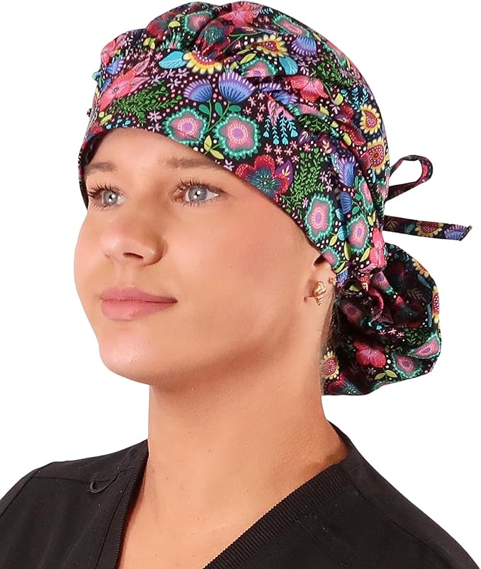Sparkling EARTH Banded Bouffant Surgical Scrub Ponytail Working Caps and Built-in Sweatband - 100% Cotton - Made in The USA