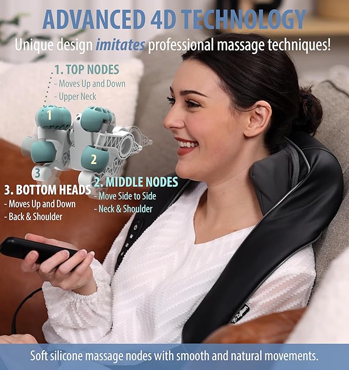 Zyllion Cordless Neck and Shoulder Massager with Heat - 4D Rechargeable Electric Shiatsu Kneading Deep Tissue Massage for Back and Muscle Pain Relief, Black, ZMA-36