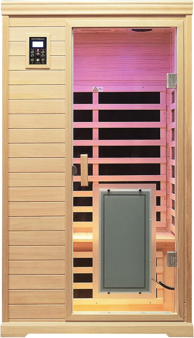 Low EMF Indoor Sauna, Infrared Sauna for Home, 2 Person Infrared Sauna, Canadian Hemlock, 9 Low EMF Heaters, 2 Chromotherapy Lights, 2 Bluetooth Speakers, 1 LED Reading Lamp, 1750W