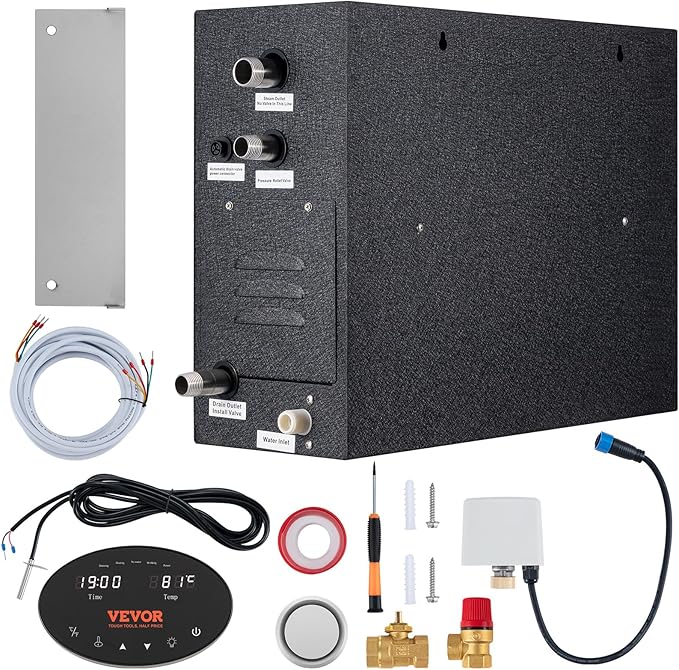 VEVOR Steam Shower Generator, 12 kW, Segmented Heating System with Temperature Customization & 24h Timer, Automatic Drainage Steam Bath Kit for Home Use
