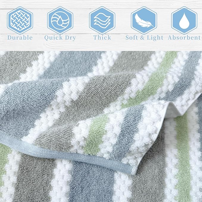 Waffle Hand Towels, 4PC 16"x27" - Cotton Polyester Blend | Quick Dry | Absorbent | Lightweight | Thick | Soft | 500GSM, Durable Striped Hand Towel for Bathroom, Navy Grey Green Stripe & White Checker