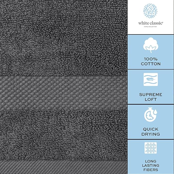 White Classic Luxury Bath Towels Extra Large - Cotton Hotel spa Bathroom Towel |30x56 | 4 Pack | Dark Gray
