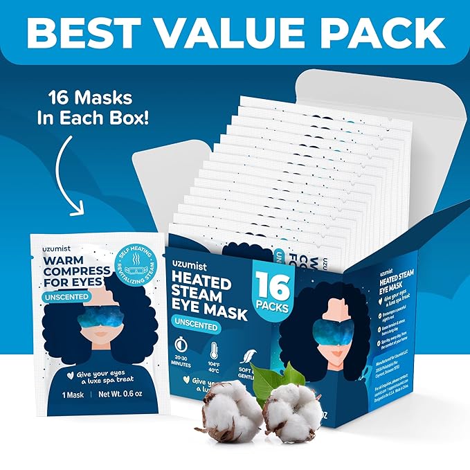 Heated Eye Mask for Dry Eyes - 16pcs Self Heating Steam Eye Mask - Warm Compress for Eyes - Warming & Ready to Use for Sleep & Relaxation - On-The-Go Warm Eye Compress Travel Essentials