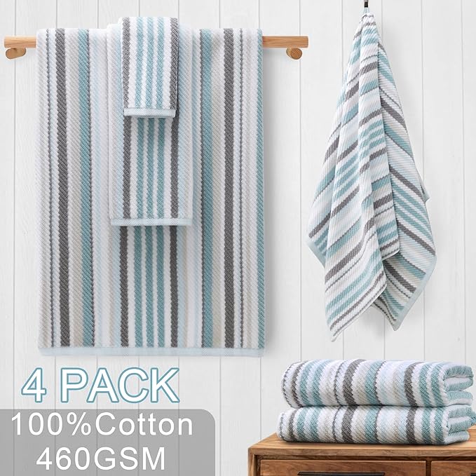 VOOVA & MOVAS Bathroom & Guest Room Aqua Striped Bath Towels (Set of 4, 28"x52") - 100% Cotton Lightweight Super Soft Highly Absorbent Quick Dry Shower Towels with Hanging Loop | Gray & Aqua Striped