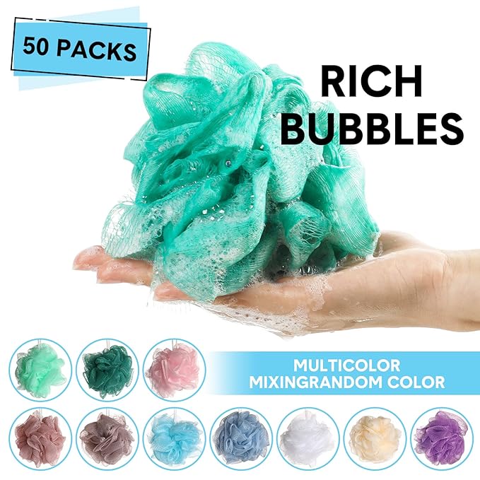 CHENGU 50 Pack Loofah Sponge Bath Sponge Shower Loofah Mesh Shower Ball Bath Pouf Wash Body Puff for Women Men, 30 g(Multicolor,Classic)