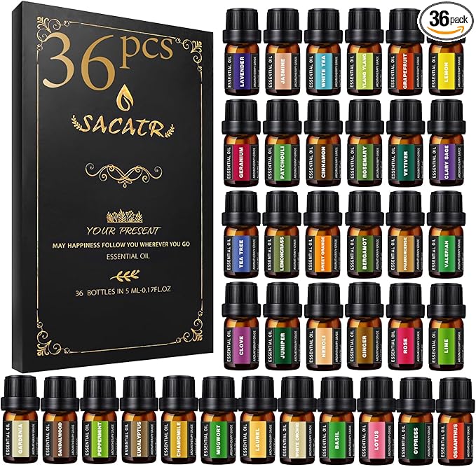 SACATR 36 Pcs Natural Essential Oil Sets,Essential Oils for Diffuser, Humidifiers, Skin Care, Massage, Fragrance Oil Scent for DIY Candle and Soap Making, Gift for Friends (36 * 5ML)