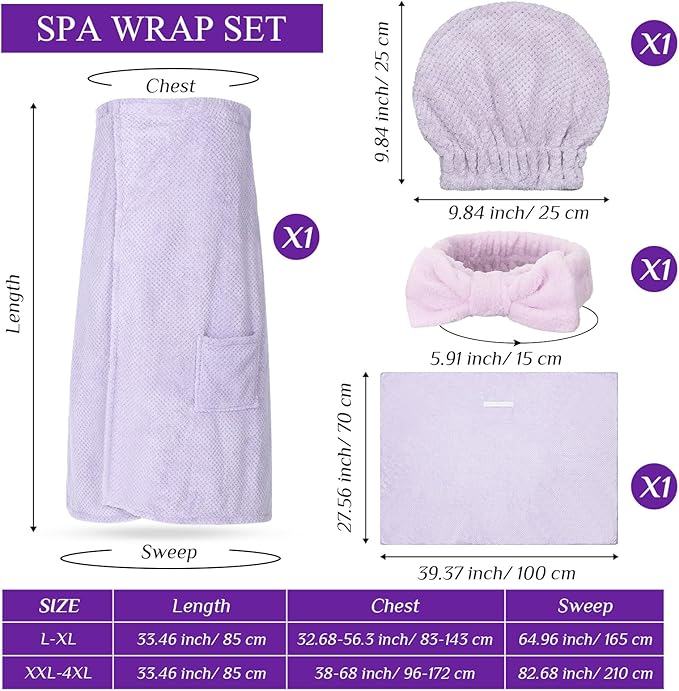 Tigeen Plus Size Towel Wrap for Women Spa Robe Set with Shower Hair Drying Turban Cap Towel Headband Adjustable Bathrobe