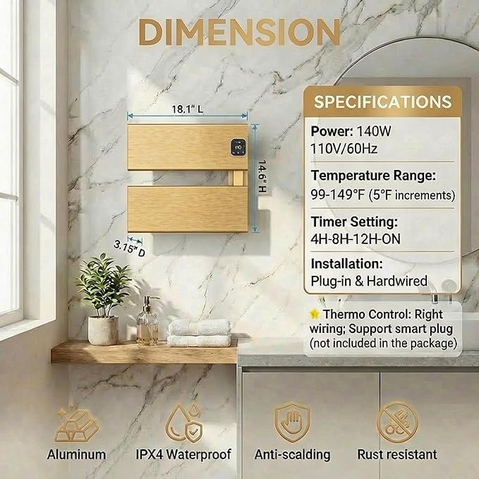 Electric Towel Warmer, Heated Towel Rack with Thermo Control and Timer, Fast Heating Towel Rail for Bathroom with Memroy Function, Work with Smart Plug, Right-Wiring, 2 Panel, Gold