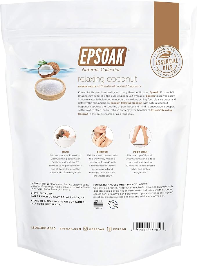 Epsoak Epsom Salt 2 lb. USP Magnesium Sulfate with Coconut Scent Resealable Epsom Salt Bag, Made in The USA, Cruelty-Free Certified