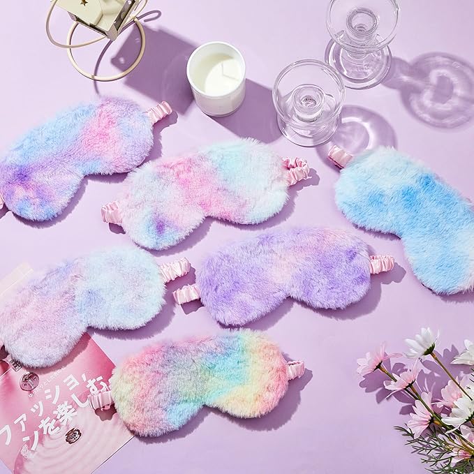 Geyoga 24 Pcs Plush Sleep Eye Mask Silk Furry Eye Covers for Sleeping Cute Sleep Mask Fluffy Comfortable Sleeping Blindfold for Travel Sleepover Nap Party Supply Girls Women, Rainbow Color