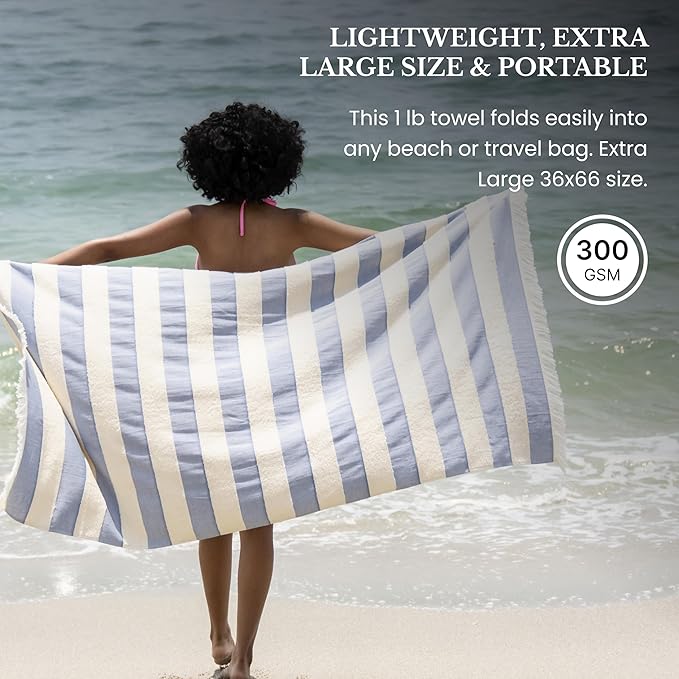 Lightweight Turkish Beach Towel - 100% BCI Cotton, Unbleached Raw Fringe, Oeko-TEX Certified, Absorbent, Eco-Friendly, 36x66”, Sky Blue & Natural Stripes, Portable Sarong Blanket for Pool, Travel