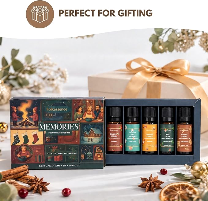 Folkulture Memories Essential Oils Set for Diffuser | Set of 5 Fragrance Oils for Aromatherapy | Gingerbread, Peppermint, Cranberry | Home Fragrance Gift | Home Decor Gifts