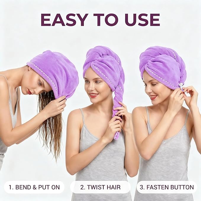 Microfiber Hair Towel 4 Pack, Hair Towel Wrap Quick Dry Hair Hat Anti-frizz Head Turban with Button, Wet Curly Hair Towels for Women (Blue & Pink & Purple & Red)