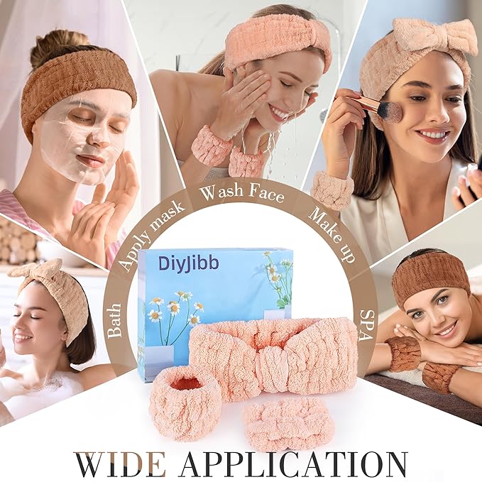 DiyJibb 9 Pcs Spa Headband for Washing Face,Skincare Headband and Wristband Set,Women Teen Girls Facial Hairbands for Washing Face, Makeup, Sports, Yoga (orange red + khaki + dark khaki)