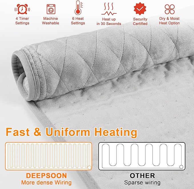 Deepsoon Heating Pad,Electric Heating Pads for Back,Neck,Moist Heating Pad for Abdomen Shoulder Knee Legs,Dry/Moist Heat&Auto Shut Off,Mother's Day Birthday for Men and Women,Weighted Gray,24x12 Inch
